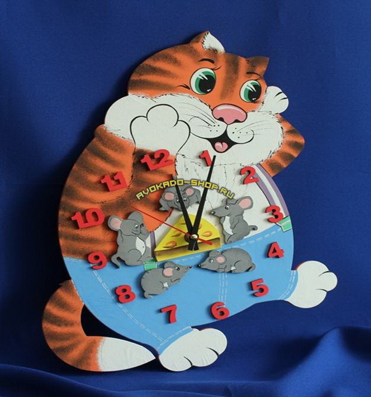 Часы настенные детские фигурные, круглые с лазерной резкой картинок "Кот"